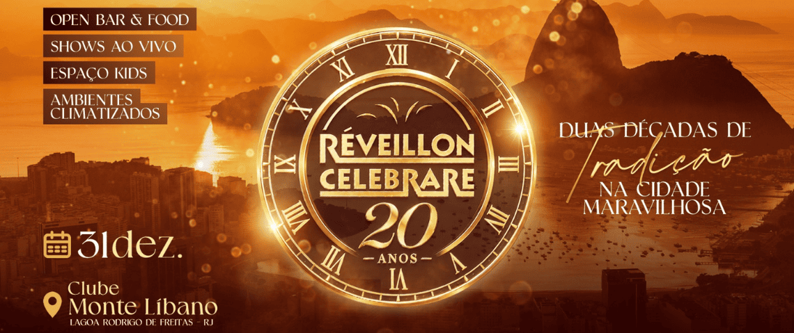 Réveillon Celebrare 2027: 20ª edição no Clube Monte Líbano! All Inclusive Premium, Banda Celebrare, Portela, DJs e Espaço Kids. Garanta ingressos com desconto BLOCOSRJ