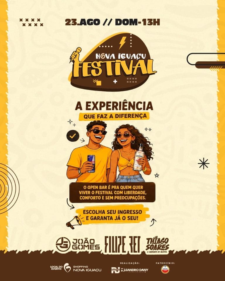 Festival Nova Iguaçu acontece dia 23/08 no Shopping Nova Iguaçu com João Gomes, Filipe Ret e Thiago Soares. Use o cupom BLOCOSRJ e garanta desconto no ingresso. Meia-entrada solidária com 1kg de alimento.