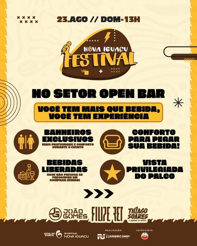 Festival Nova Iguaçu acontece dia 23/08 no Shopping Nova Iguaçu com João Gomes, Filipe Ret e Thiago Soares. Use o cupom BLOCOSRJ e garanta desconto no ingresso. Meia-entrada solidária com 1kg de alimento.
