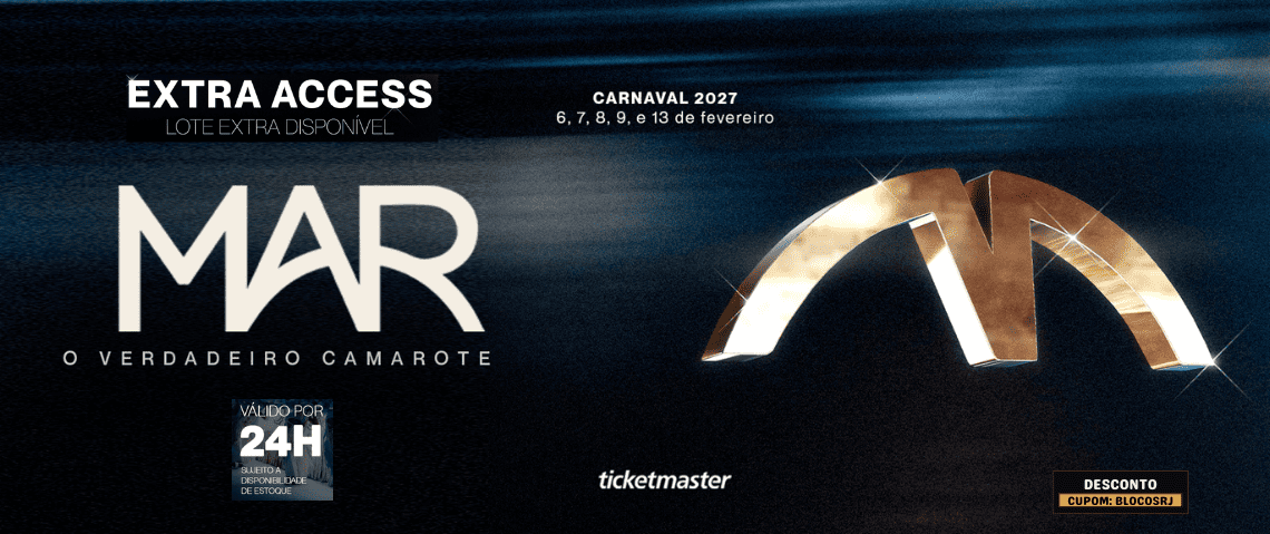 Viva o melhor do Carnaval no Camarote MAR! Estrutura premium, open bar e food, transfer, climatização, grandes atrações e a maior varanda da Sapucaí. Ingressos limitados com parcelamento em até 6x. Dias 06, 07, 08, 09 e 13 de fevereiro de 2027. Cupom: BLOCOSRJ.