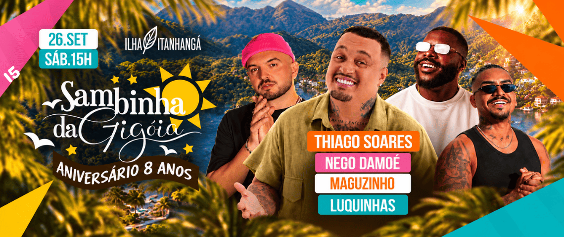 Sambinha da Gigoia celebra 8 anos neste sábado, 26 de setembro, na Ilha Itanhangá. Garanta seu ingresso com 10% de desconto usando o código BLOCOSRJ.