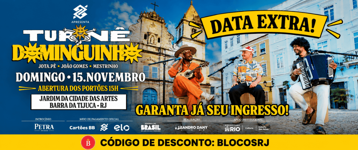 Turnê Dominguinho com João Gomes, Jota.Pê e Mestrinho ganha data extra no Rio, dia 15 de novembro. Garanta seu ingresso com 10% de desconto usando o cupom BLOCOSRJ.