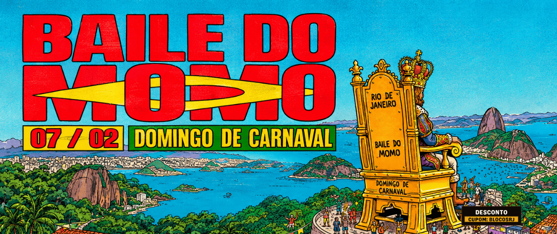 O Baile do Momo 2027 acontece em 7 de fevereiro, domingo de Carnaval, no Rio de Janeiro. Garanta seu ingresso e aproveite a festa carnavalesca com desconto exclusivo usando o código BLOCOSRJ.